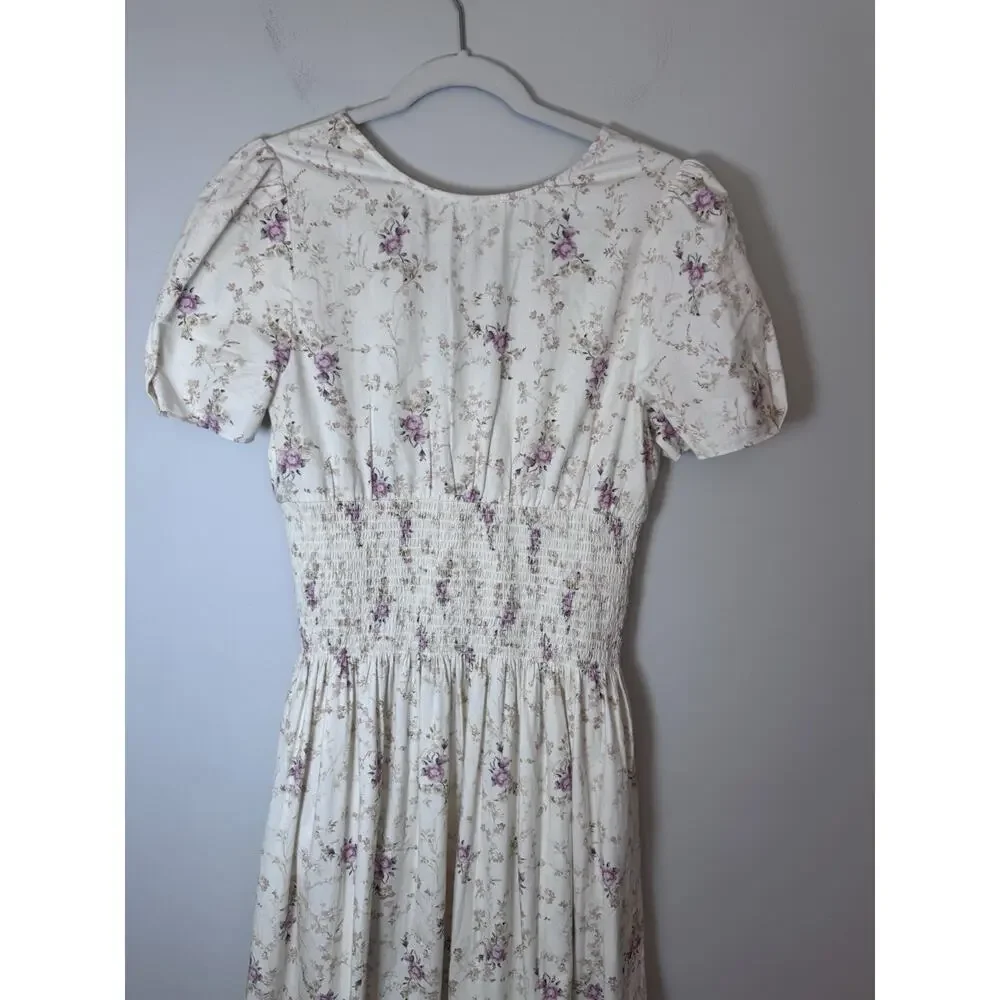 LoveShackFancy Cream Floral Midi Dress with Pink Bouquet Print - Picture 9 of 16